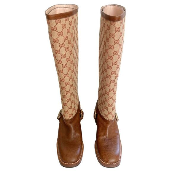 Gucci T-Original GG Canvas Riding Boots Brown Leather Monogram Size 39 EU / 9 US - Picture 2 of 10